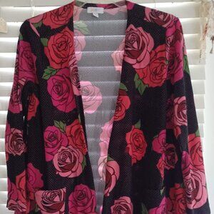 LuLaRoe Women’s Large Cardigan Black Pink Rose Floral Open Front Lightweight